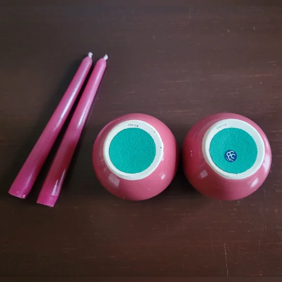 Vintage Ceramic Rose Colored Round Ball Candlestick Holders 3", Set of 2 - Picture 3 of 3